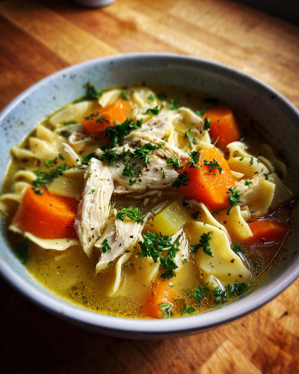 A close-up of a steaming bowl of Hearty Chicken Noodle Soup, filled with noodles, chicken, carrots, and parsley.