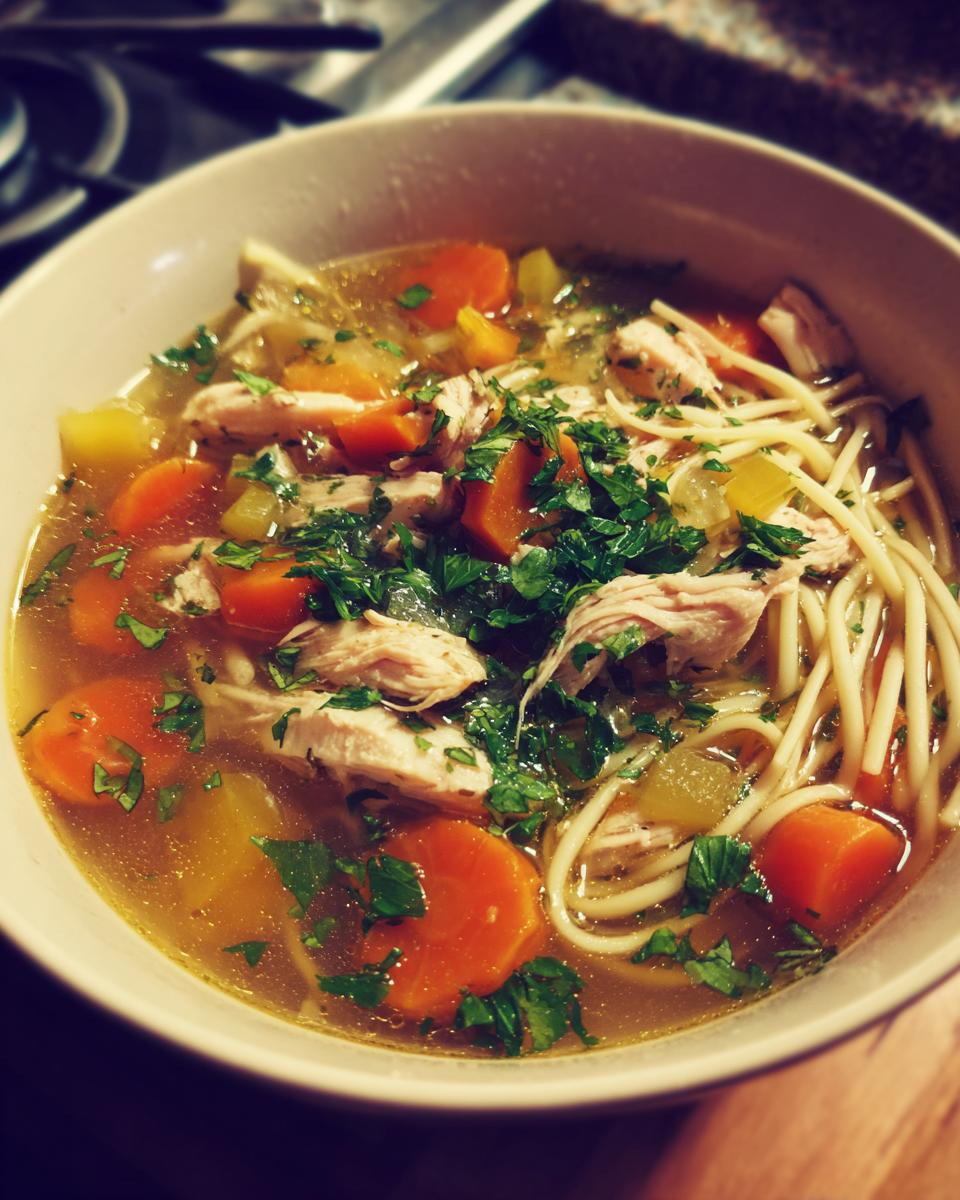 A close-up of a bowl of hearty chicken noodle soup, filled with shredded chicken, carrots, noodles, and parsley.