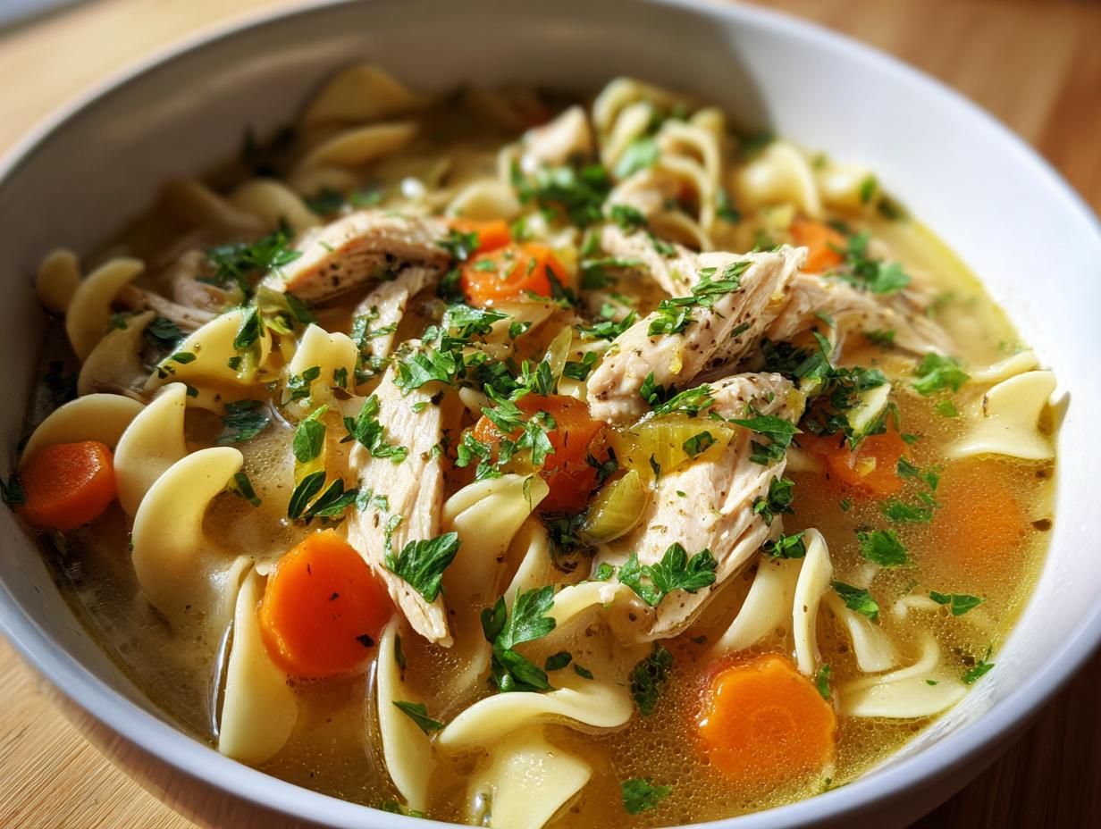 A close-up of a bowl of hearty chicken noodle soup, featuring shredded chicken, wide noodles, carrots, and parsley.