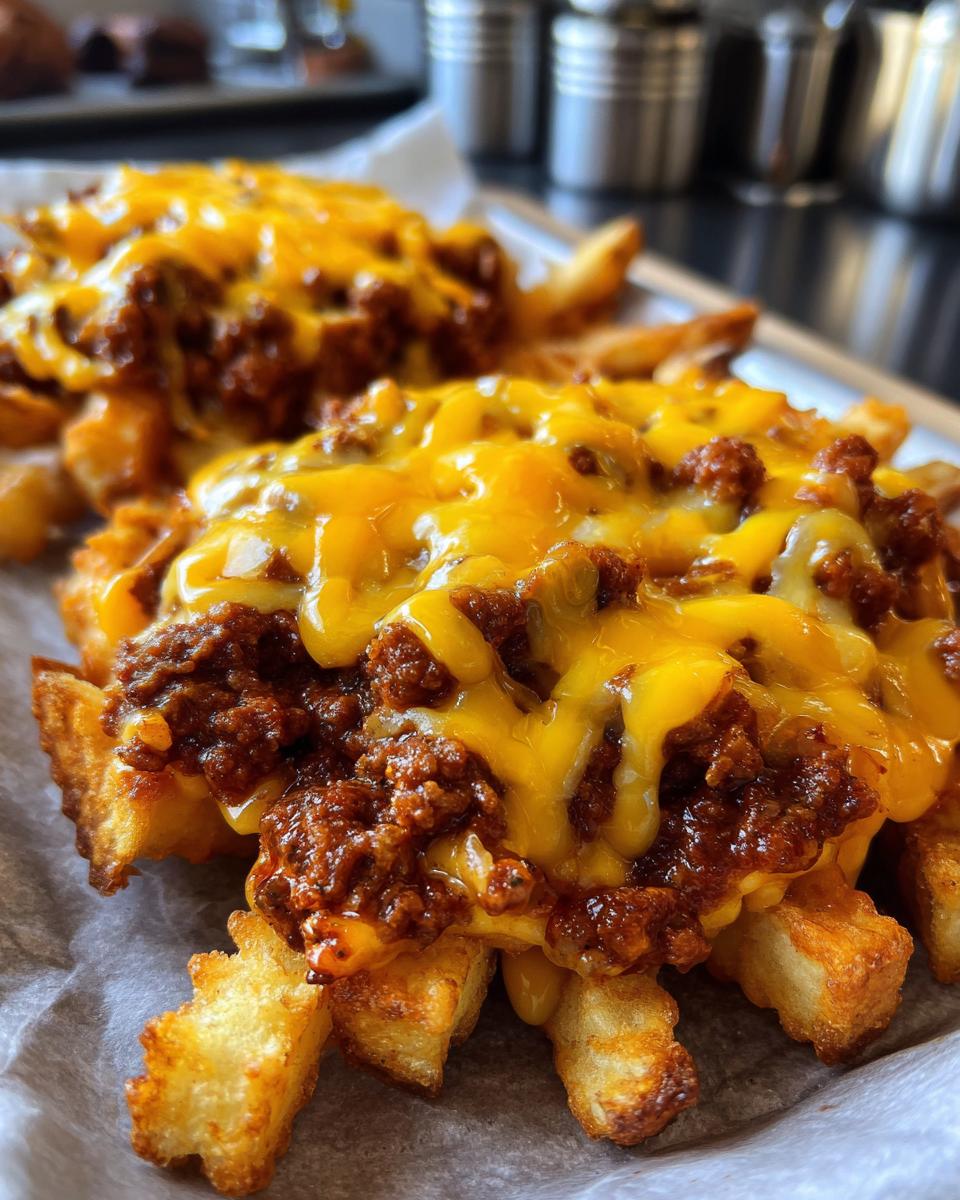 Close-up of Hearty Chili Cheese Fries with melted cheese and chili.