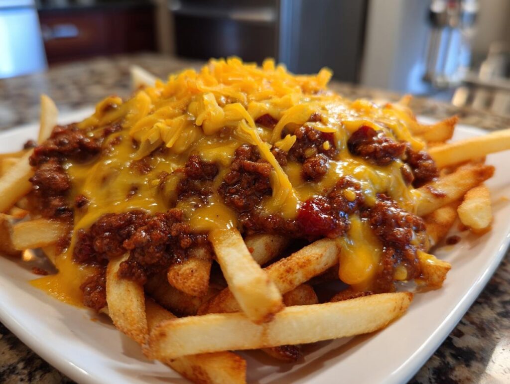 Close-up of a plate of Hearty Chili Cheese Fries, with melted cheese and chili.