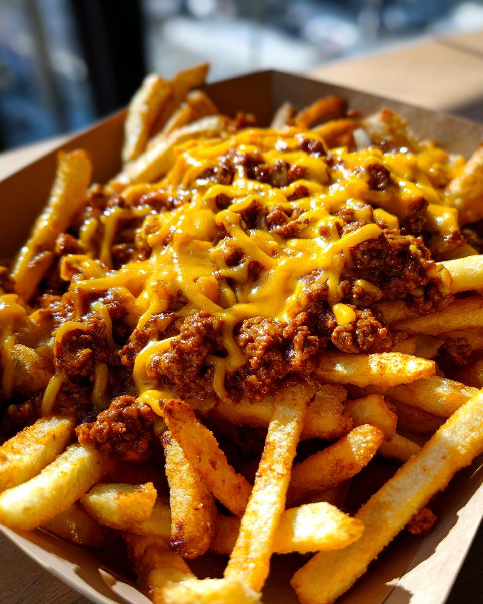 Close-up of a serving of Hearty Chili Cheese Fries with melted cheese and chili.