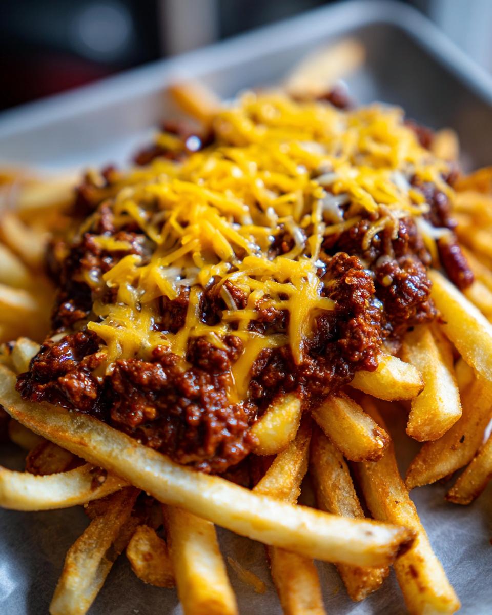 Close-up of delicious Hearty Chili Cheese Fries, topped with chili and melted cheese.