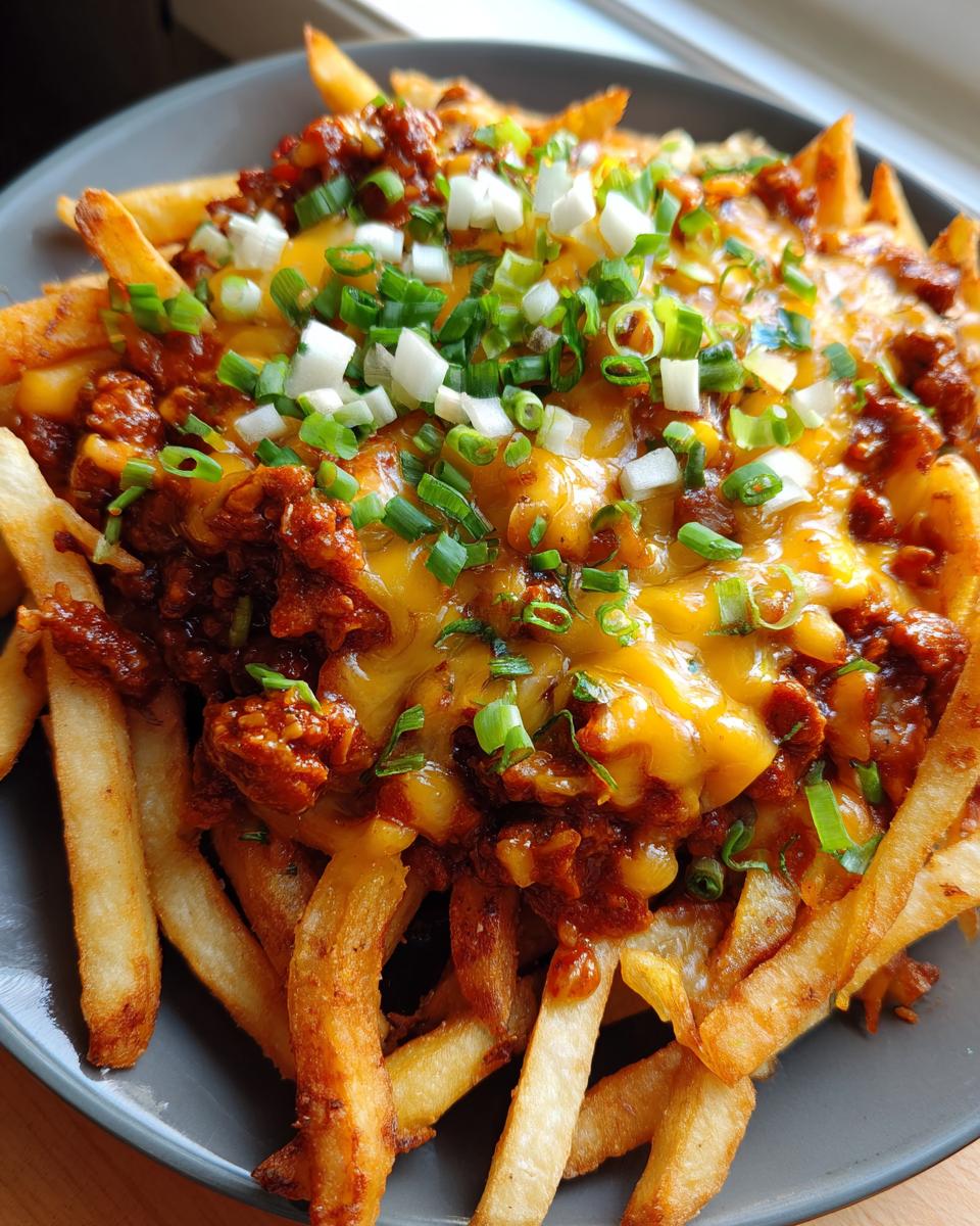 Close-up of a plate of Hearty Chili Cheese Fries topped with cheese, chili, and green onions.