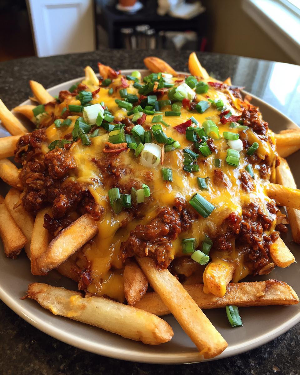 A plate of delicious Hearty Chili Cheese Fries topped with cheese, chili, and green onions.