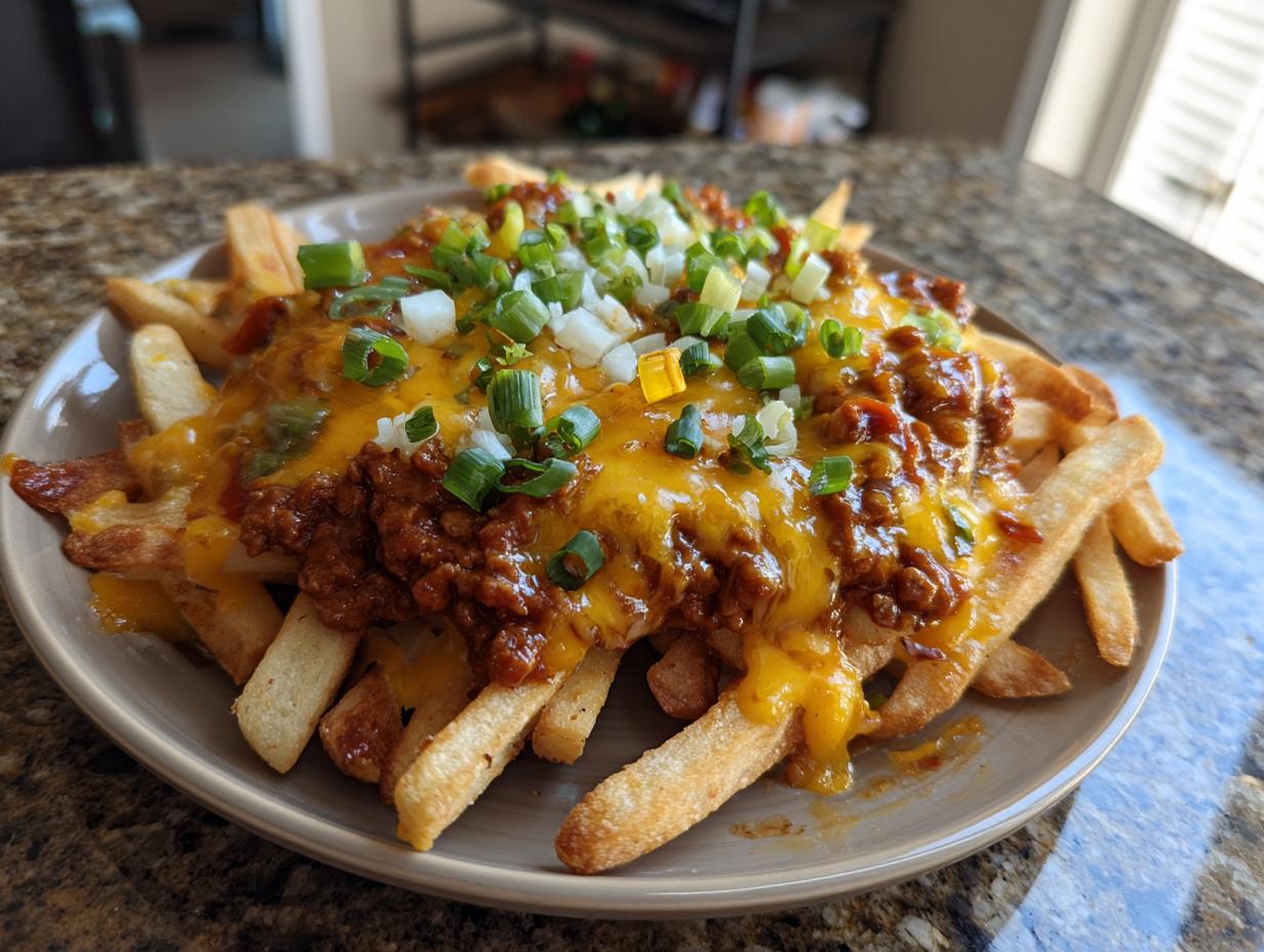 A plate of delicious Hearty Chili Cheese Fries, topped with cheese, chili, and fresh green onions.