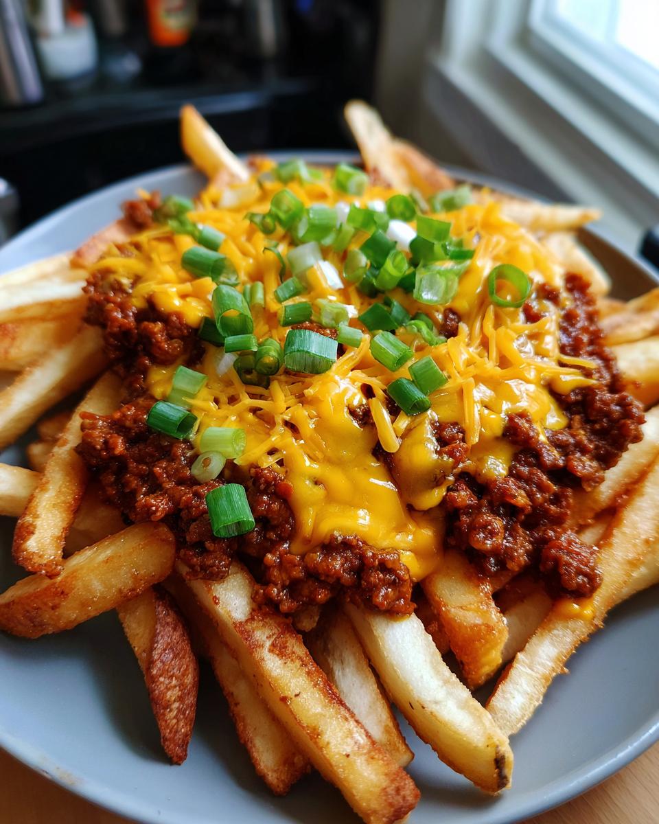 Close-up of a plate of Hearty Chili Cheese Fries topped with chili, cheese, and green onions.