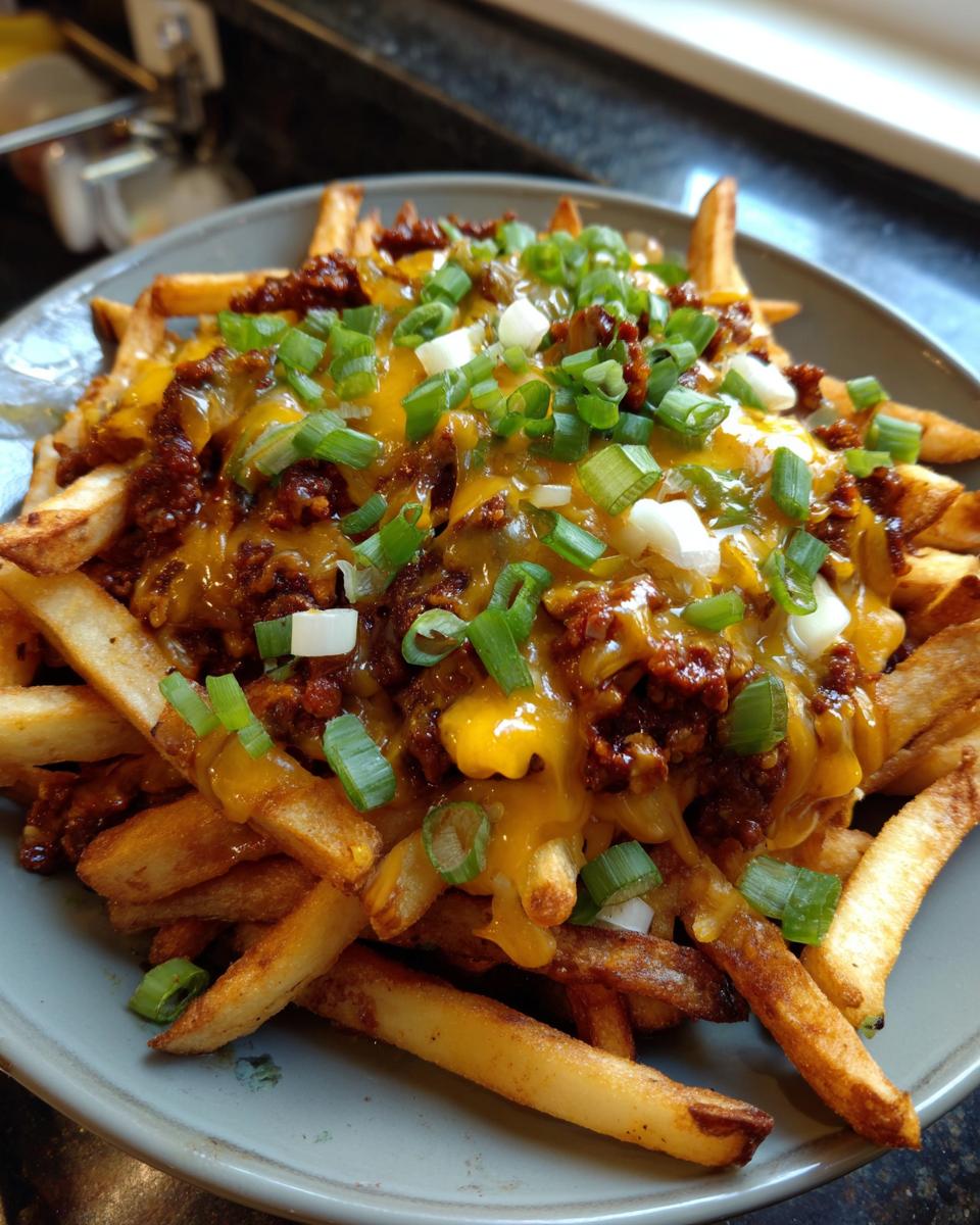 A plate of delicious Hearty Chili Cheese Fries topped with cheese, chili, and green onions.