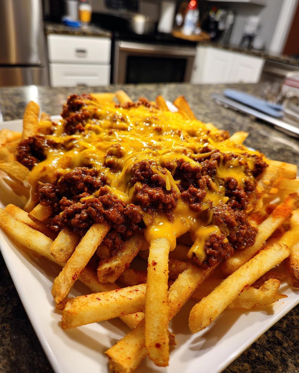 A plate of Hearty Chili Cheese Fries, topped with chili and melted cheese.