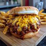 Close-up of a hearty chili cheese fries sandwich with melted cheese and fries, a comfort food.