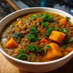 Close-up of a bowl of Hearty Lentil & Sweet Potato Stew, with sweet potato chunks and fresh parsley.