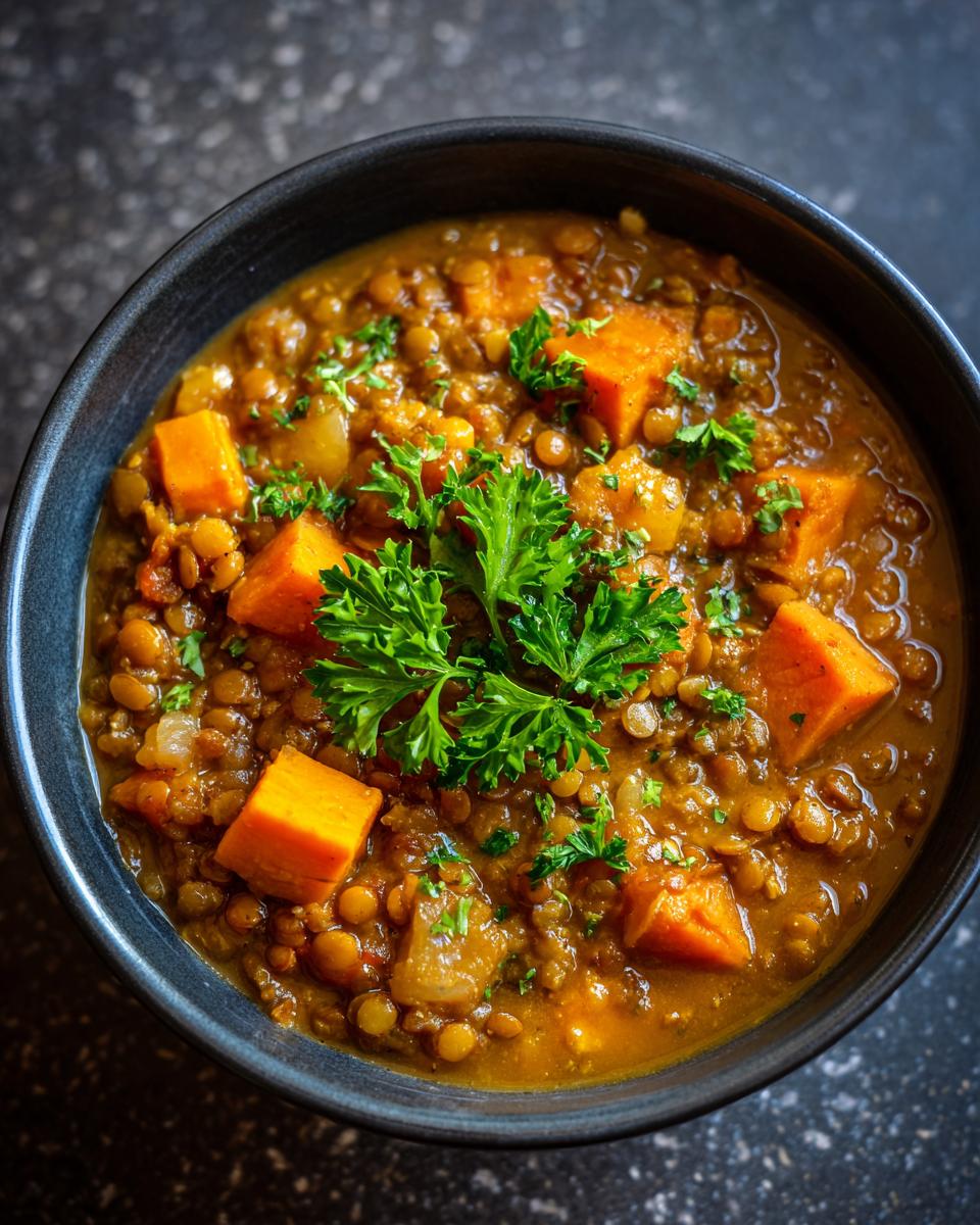 Overhead shot of a bowl filled with Hearty Lentil & Sweet Potato Stew, garnished with fresh parsley.