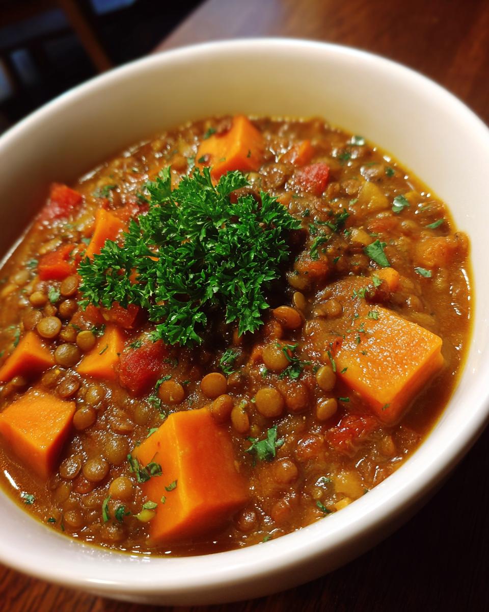 Close-up of a bowl of Hearty Lentil & Sweet Potato Stew, with sweet potato cubes and fresh parsley.