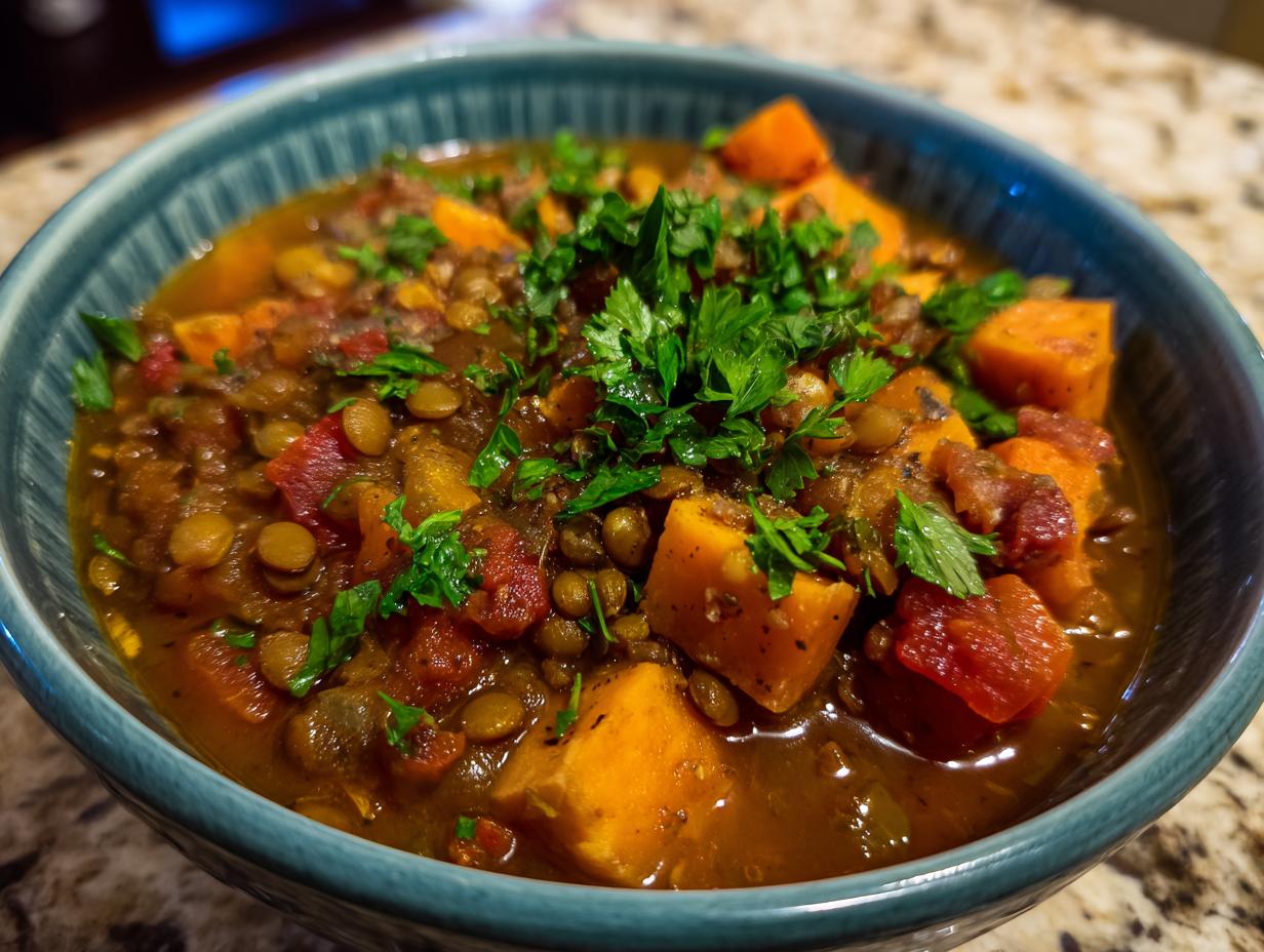 A bowl of Hearty Lentil & Sweet Potato Stew, garnished with fresh parsley.