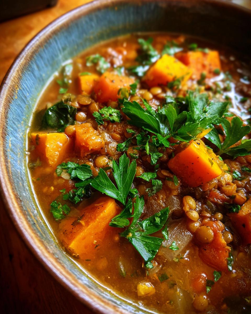Close-up of a bowl of Hearty Lentil & Sweet Potato Stew, with sweet potato chunks and fresh herbs.