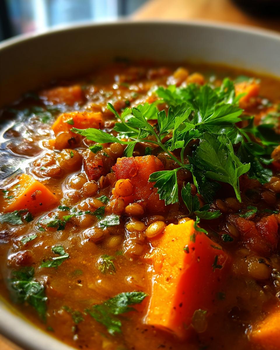 Close-up of a bowl of Hearty Lentil & Sweet Potato Stew, garnished with fresh parsley.