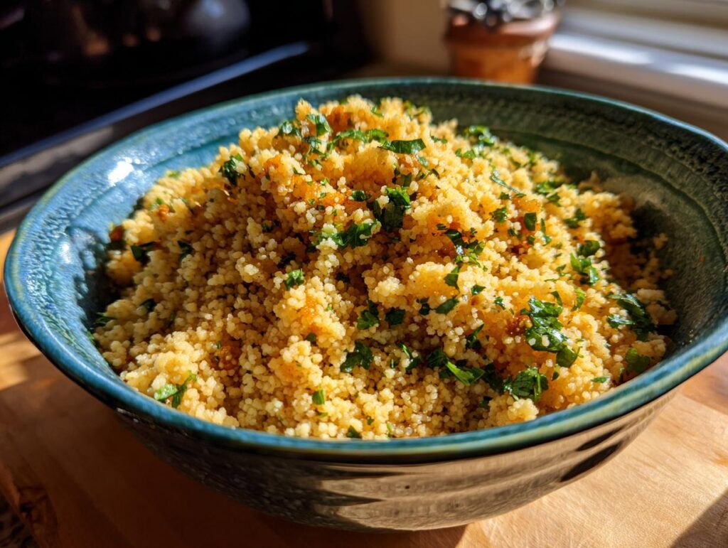 Close-up of a bowl of fluffy herbed couscous, garnished with fresh herbs.