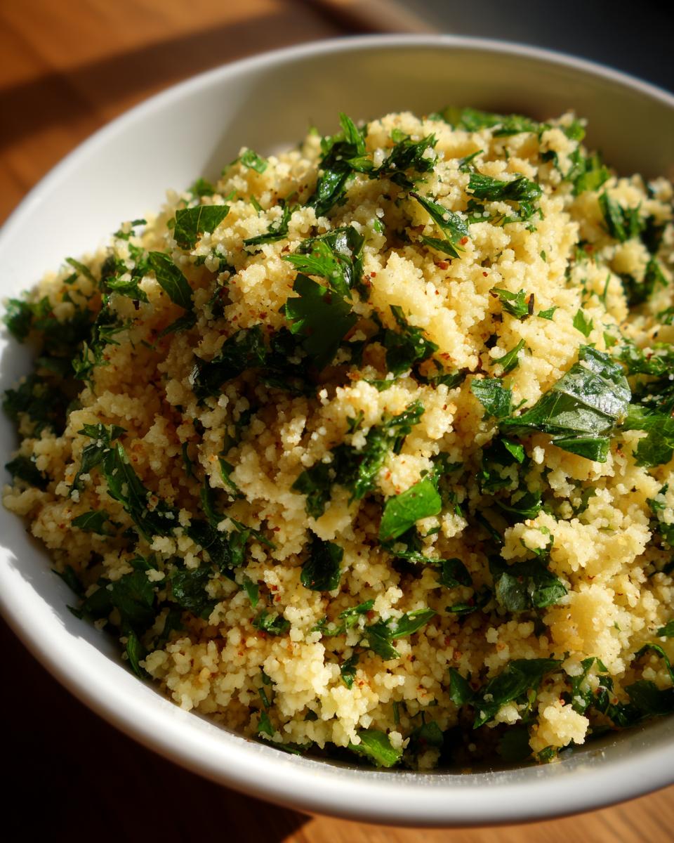 Close-up of a bowl of delicious herbed couscous, garnished with fresh herbs.