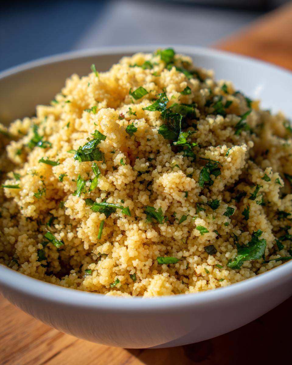 Close-up of a bowl of delicious Herbed Couscous, garnished with fresh herbs.