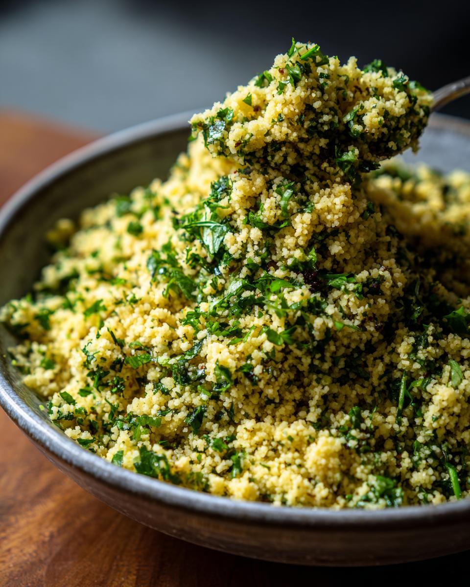 Close-up of a bowl filled with delicious Herbed Couscous, garnished with fresh herbs.