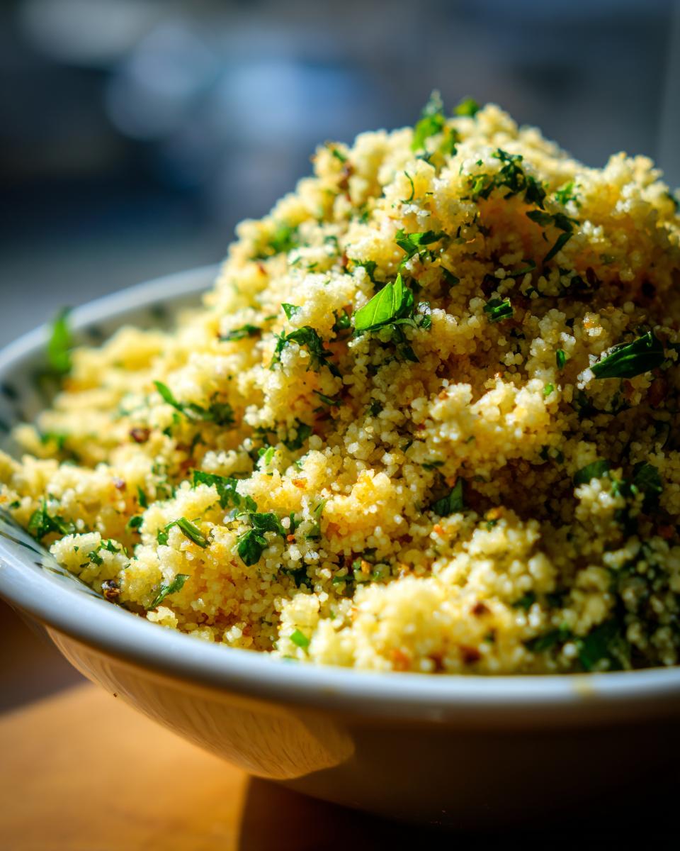 Close-up of a bowl of fluffy Herbed Couscous, garnished with fresh herbs.