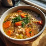 Close-up of a bowl of High-Protein Turkey & Quinoa Soup with carrots, quinoa, and parsley.