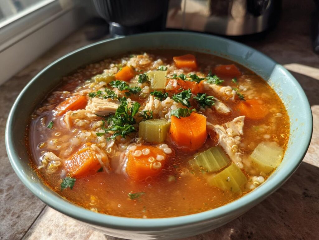A bowl of High-Protein Turkey & Quinoa Soup with carrots, celery, and herbs.