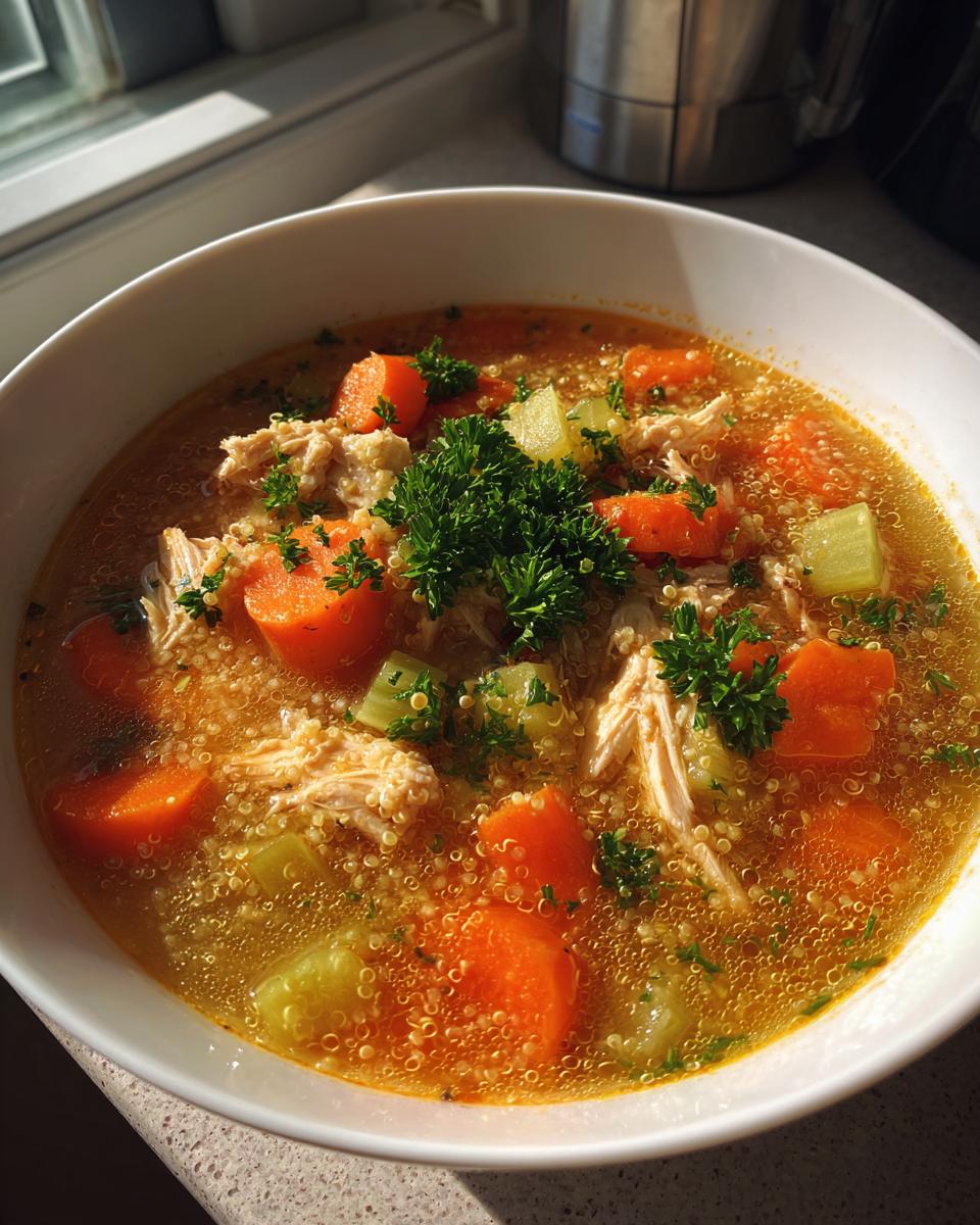 Close-up of a bowl of High-Protein Turkey & Quinoa Soup with carrots and herbs.