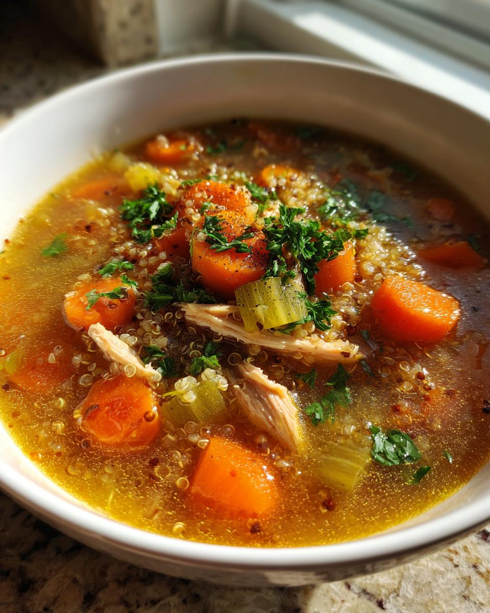Close-up of a bowl of High-Protein Turkey & Quinoa Soup with carrots and herbs.