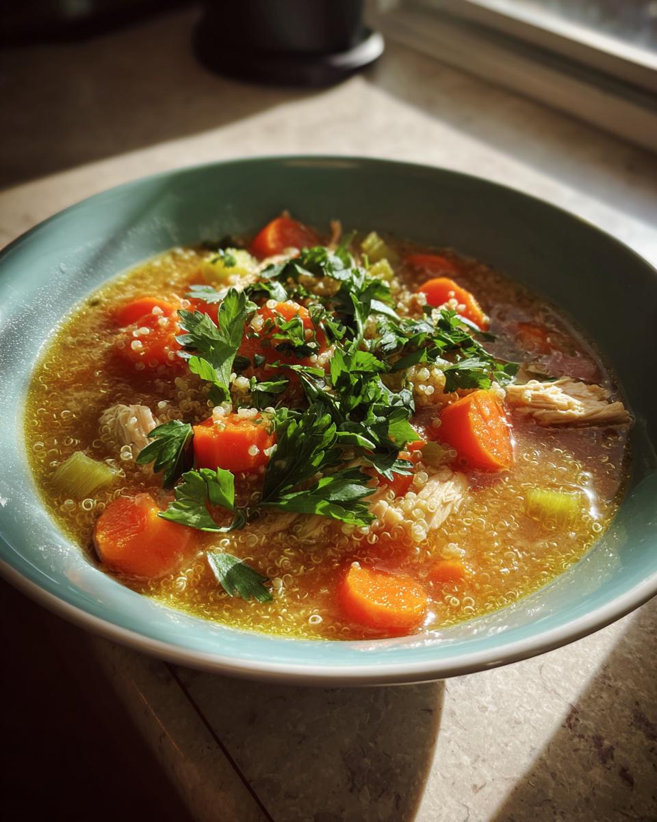 A bowl of High-Protein Turkey & Quinoa Soup with carrots, celery, and fresh herbs.
