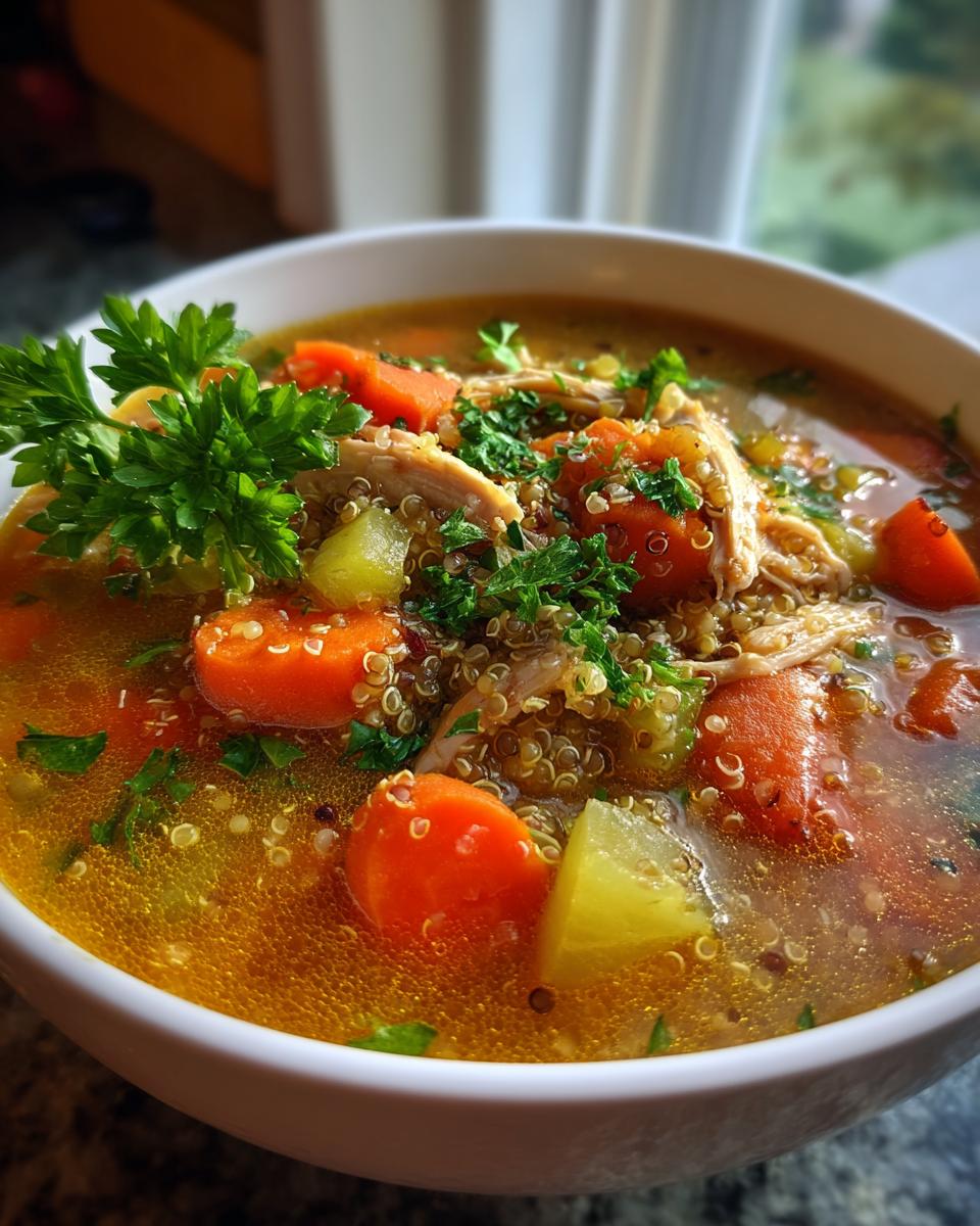 Close-up of a bowl of High-Protein Turkey & Quinoa Soup with carrots, quinoa, and parsley.