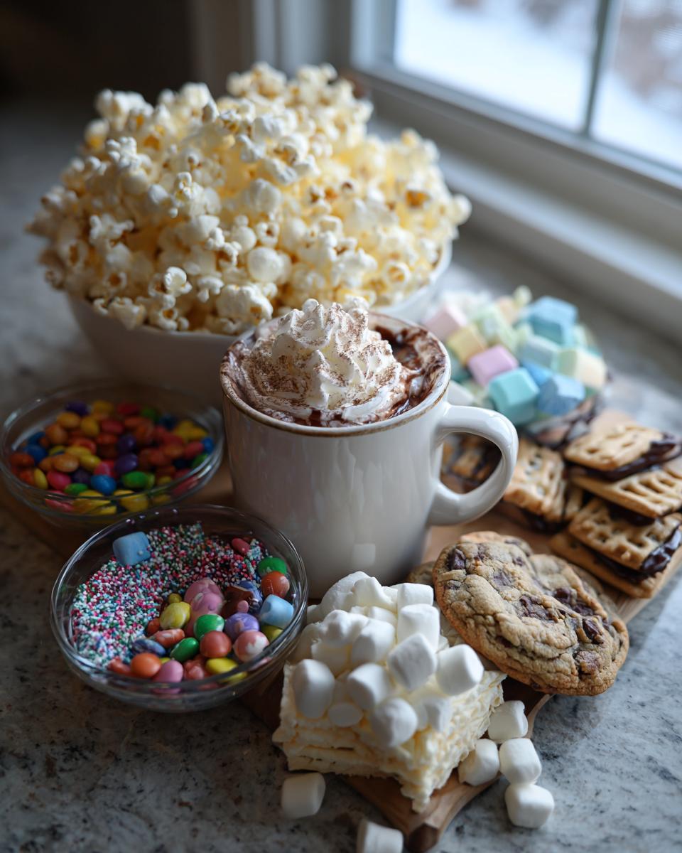 A festive spread of snacks for a holiday movie night, including hot chocolate, popcorn, cookies, and candy.
