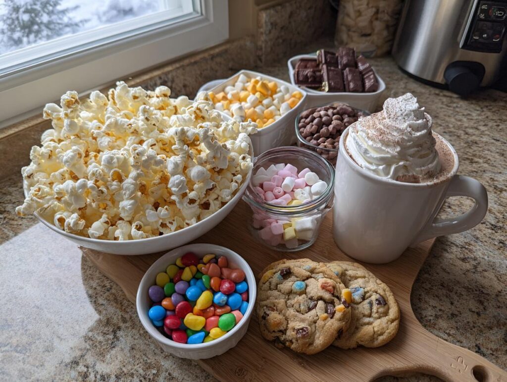 A spread of snacks for a holiday movie night, including popcorn, candy, cookies, and hot chocolate with whipped cream.