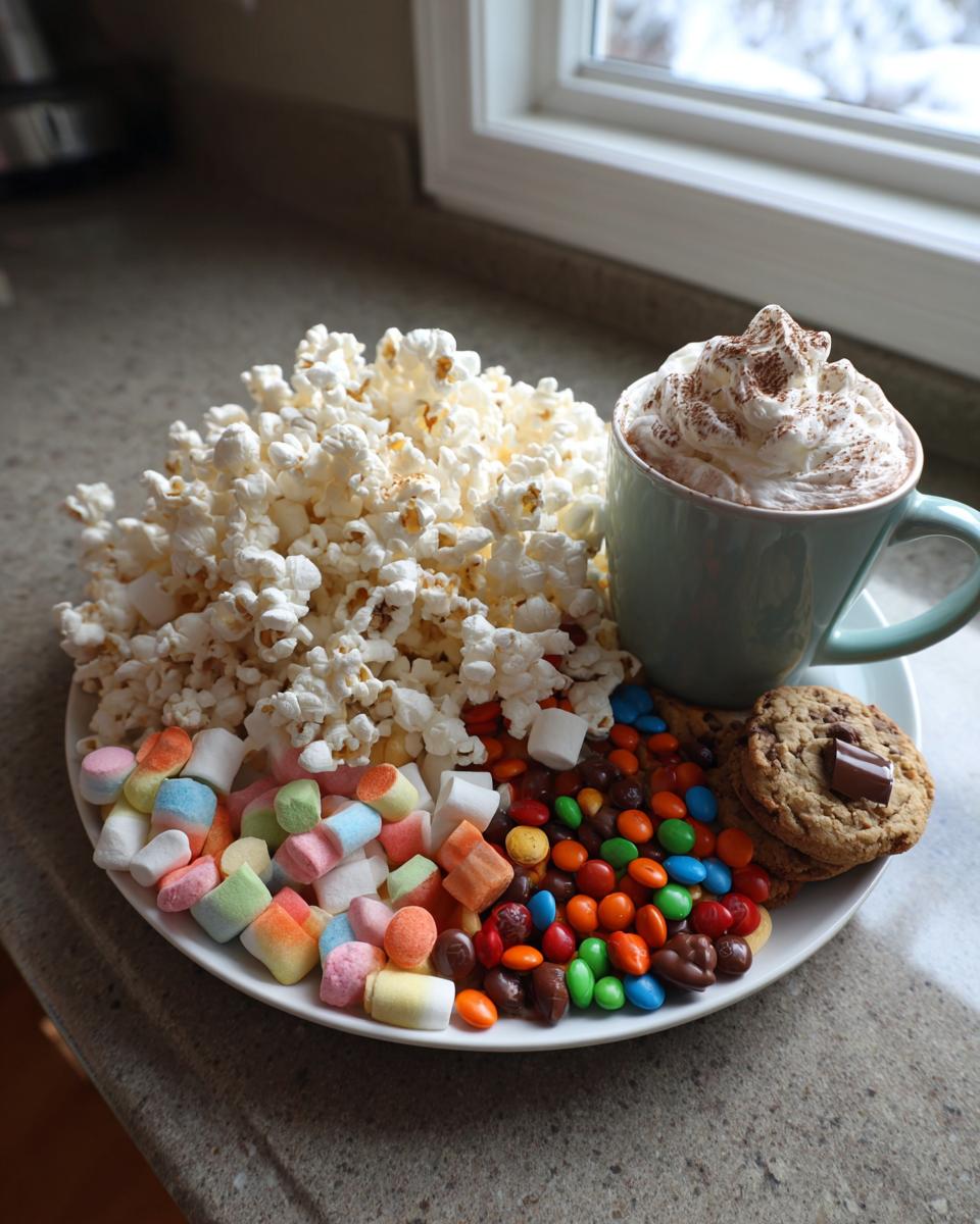A platter of snacks for a holiday movie night, including popcorn, colorful marshmallows, M&Ms, cookies, and hot chocolate.
