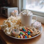 A festive plate of snacks for a holiday movie night, featuring popcorn, cookies, candies, and a mug of hot chocolate with marshmallows.