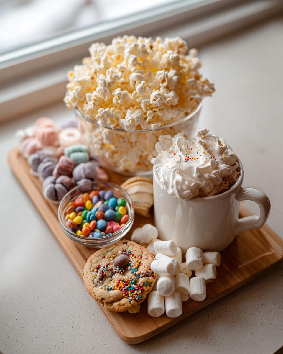 A festive spread of snacks for a holiday movie night, including popcorn, candy, a cookie, and hot chocolate.