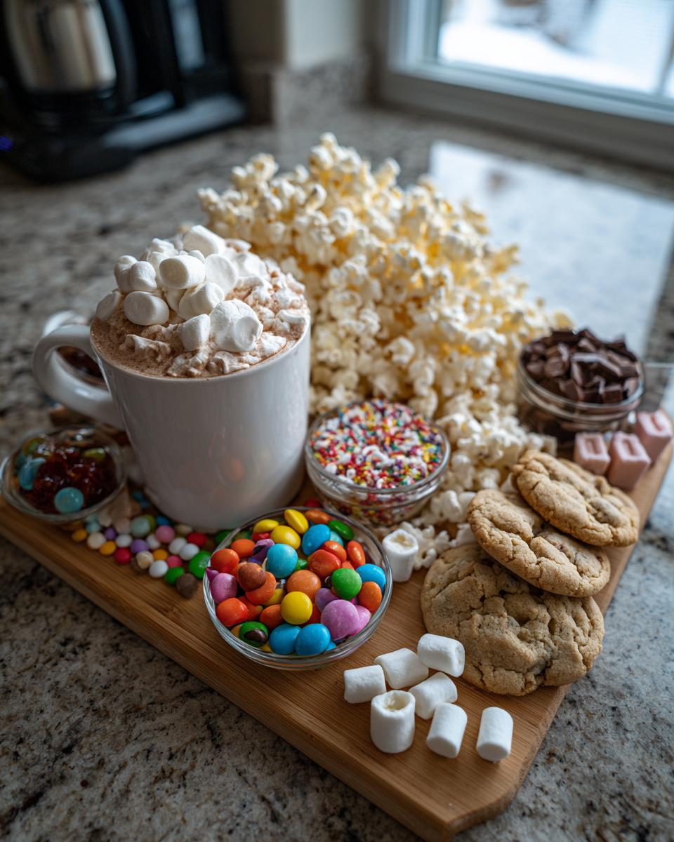 A festive spread for a holiday movie night, featuring a mug of hot chocolate with marshmallows, popcorn, cookies, and various candies.