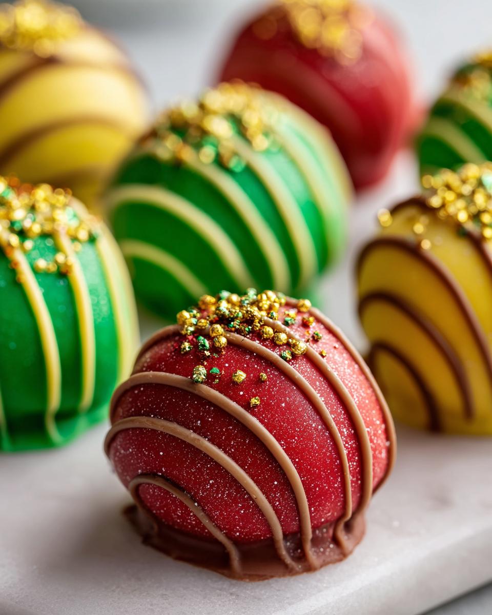 Close-up of festive Holiday Ornament Oreo Truffles in red, green, and yellow, decorated with chocolate drizzle and gold sprinkles.