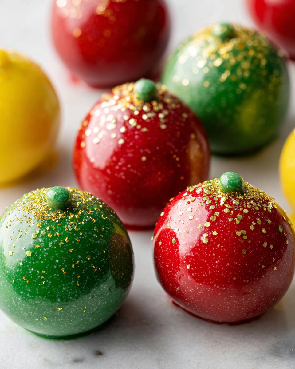 Close-up of festive Holiday Ornament Oreo Truffles in red and green, dusted with gold glitter.