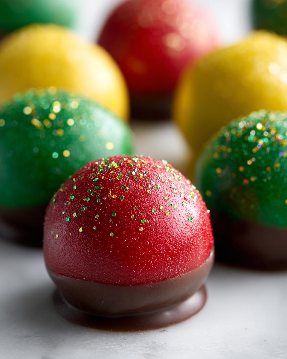 Close-up of festive Holiday Ornament Oreo Truffles in red, green, and yellow, dipped in chocolate and sprinkled with glitter.