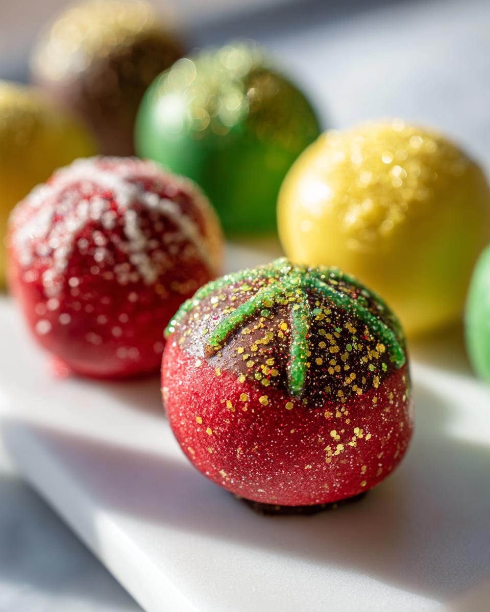 Close-up of festive Holiday Ornament Oreo Truffles, decorated in red and green with edible glitter.