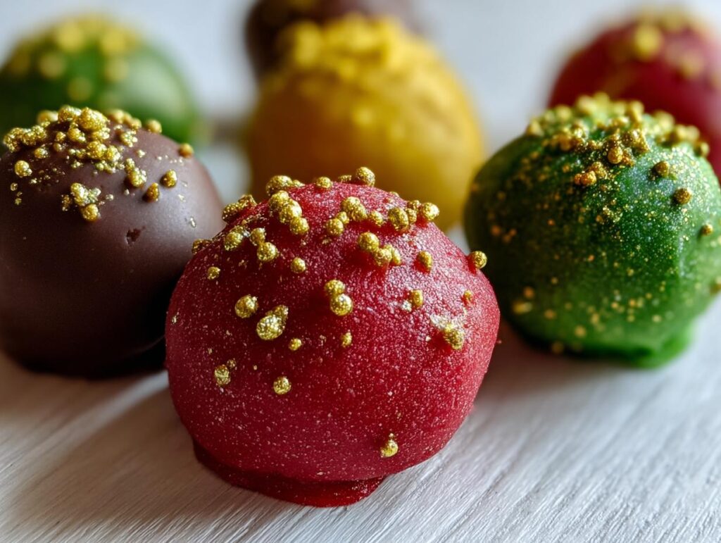 Close-up of colorful Holiday Ornament Oreo Truffles, decorated with gold sprinkles.