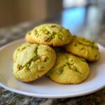 A stack of freshly baked Holiday Pistachio Pudding Cookies on a white plate.