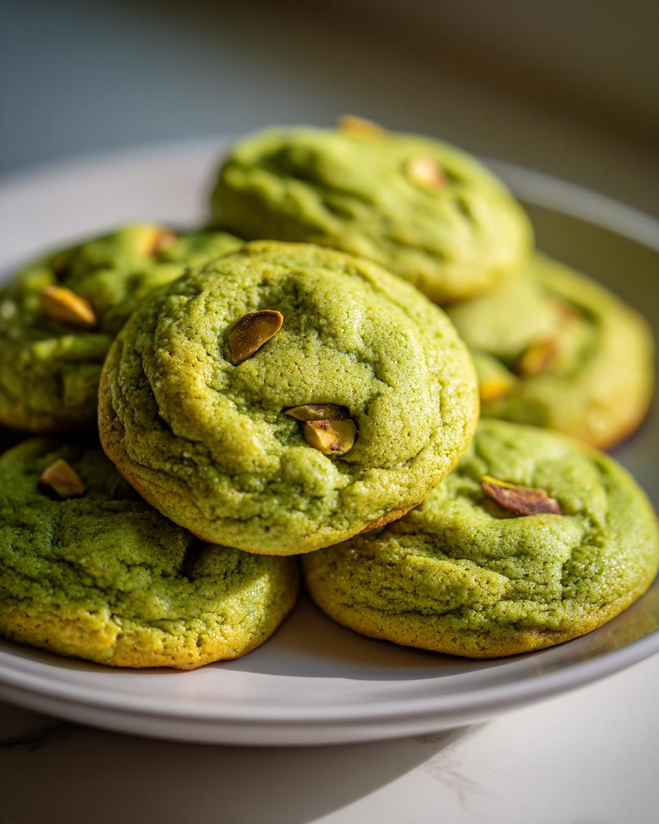 Pile of delicious Holiday Pistachio Pudding Cookies on a white plate.