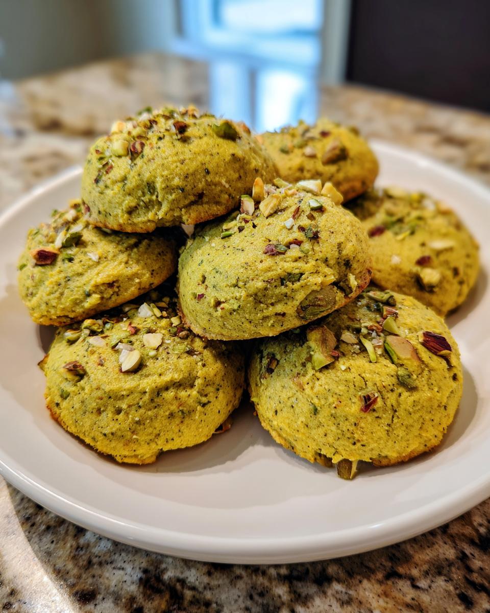 A plate of delicious Holiday Pistachio Pudding Cookies, topped with chopped pistachios.