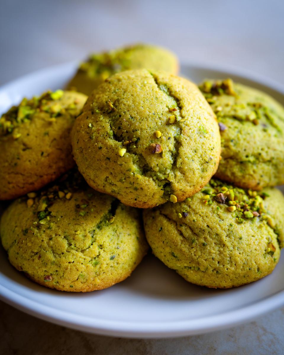 Close-up of a plate of Holiday Pistachio Pudding Cookies, showing their green color and pistachio topping.