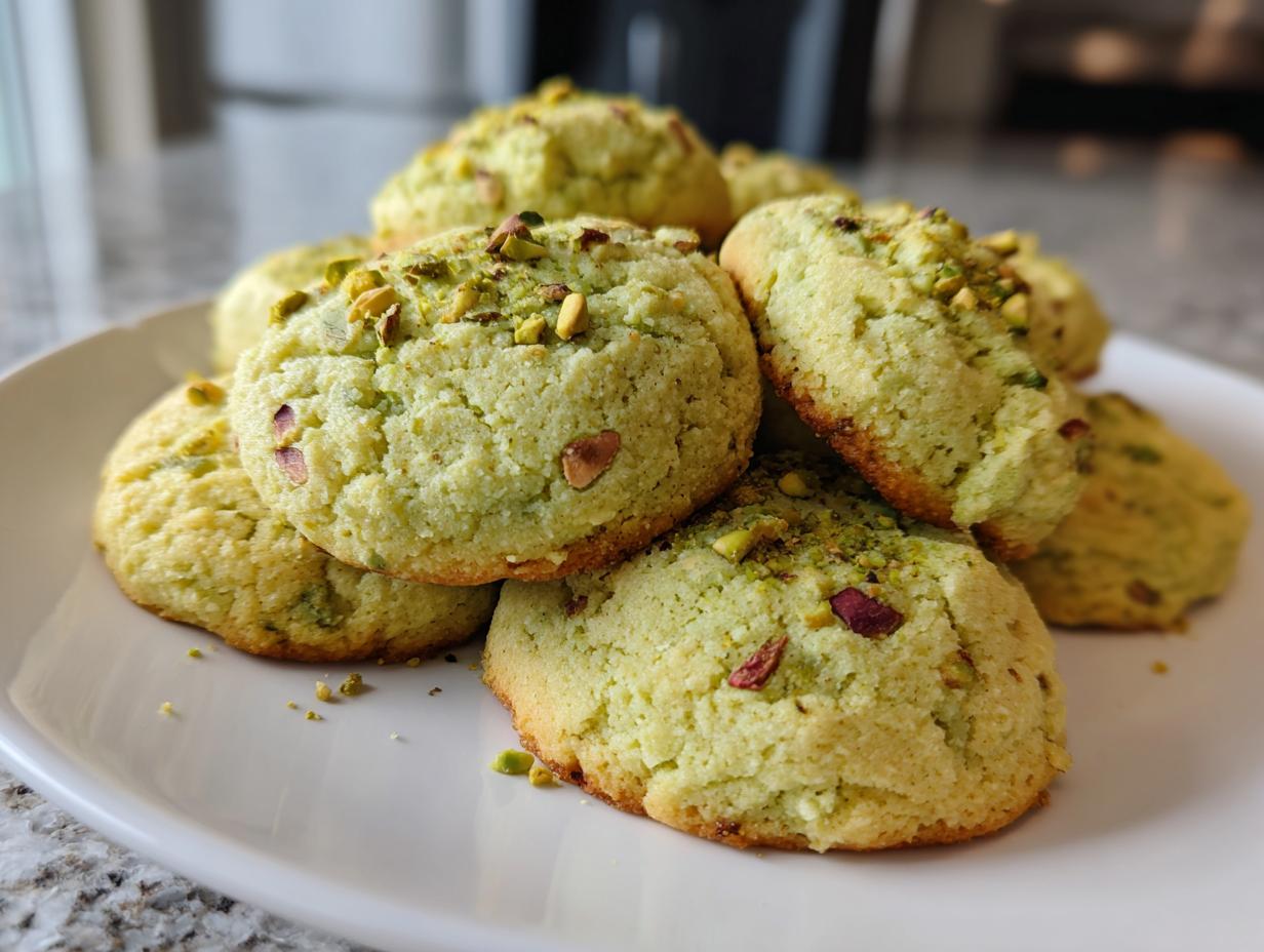 A stack of freshly baked Holiday Pistachio Pudding Cookies on a white plate, topped with chopped pistachios.
