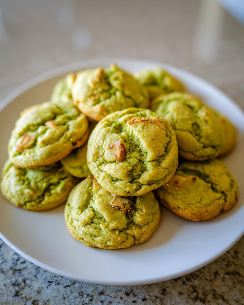 A plate of delicious Holiday Pistachio Pudding Cookies, green in color, ready to eat.