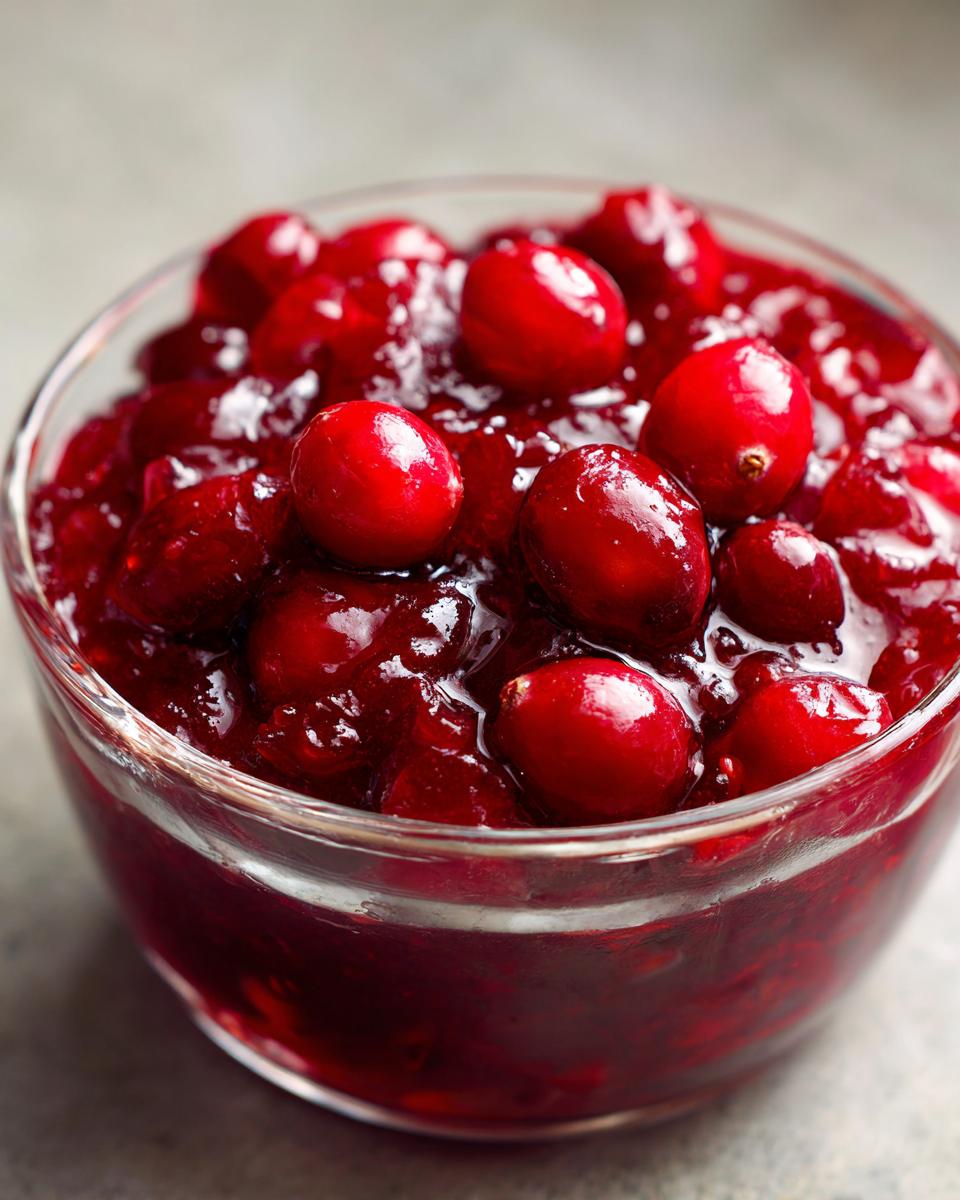 Close-up of a bowl of delicious Homemade Cranberry Sauce, with whole cranberries visible.