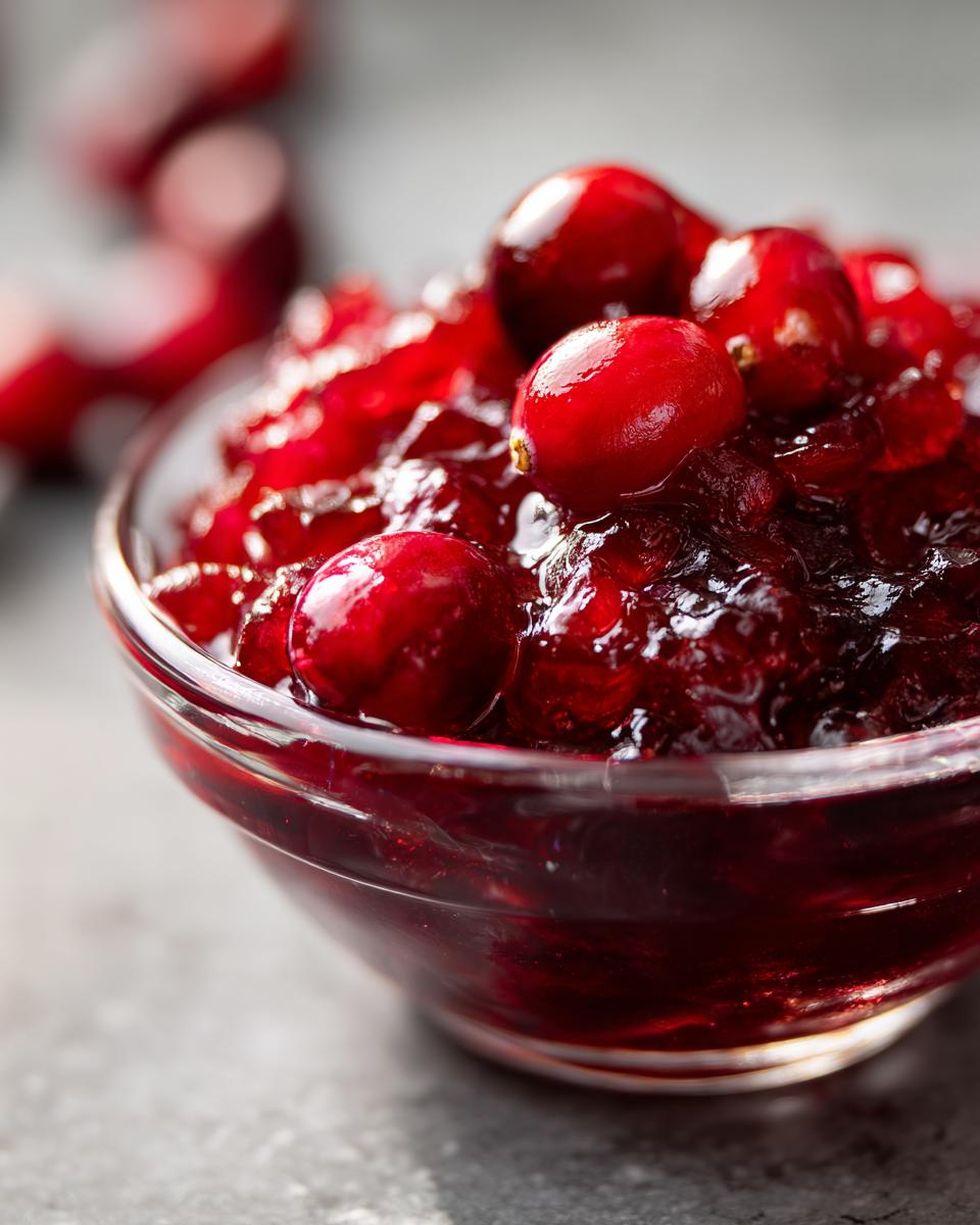 Close-up of a bowl filled with delicious Homemade Cranberry Sauce, with fresh cranberries on top.